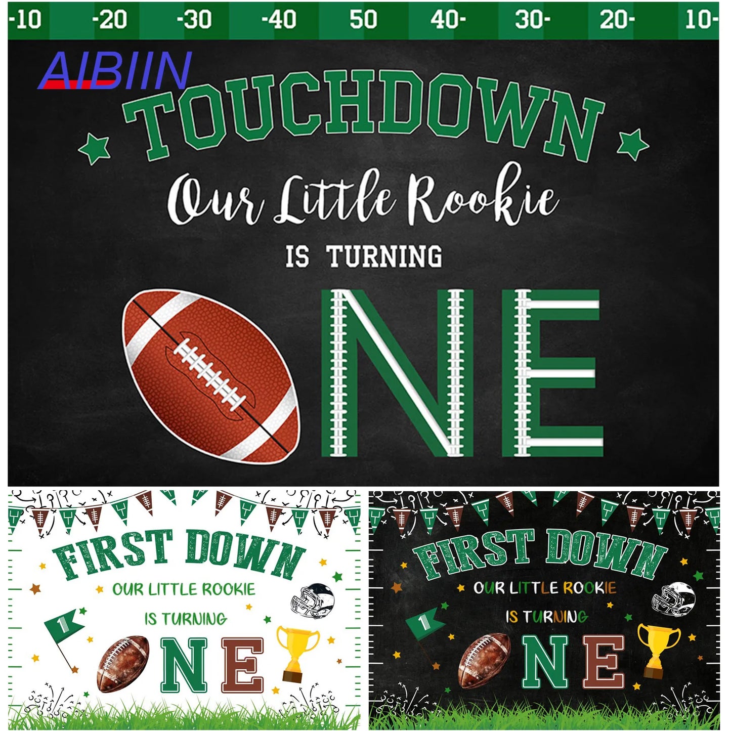 🏈 AIBIIN 1st Birthday Party Backdrop – Touchdown Rugby Theme 🎉