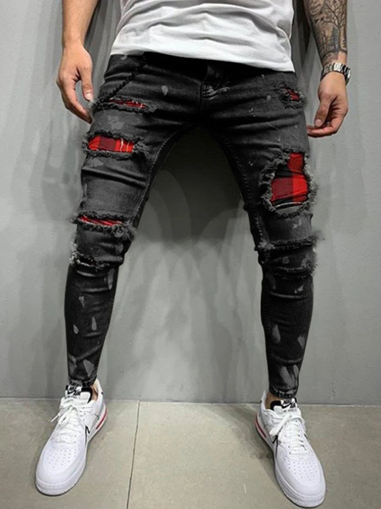 Men's Distressed Ripped Skinny Jeans 👖 | Plaid Patch Streetwear Biker Denim Pants | Y2K Style Joggers