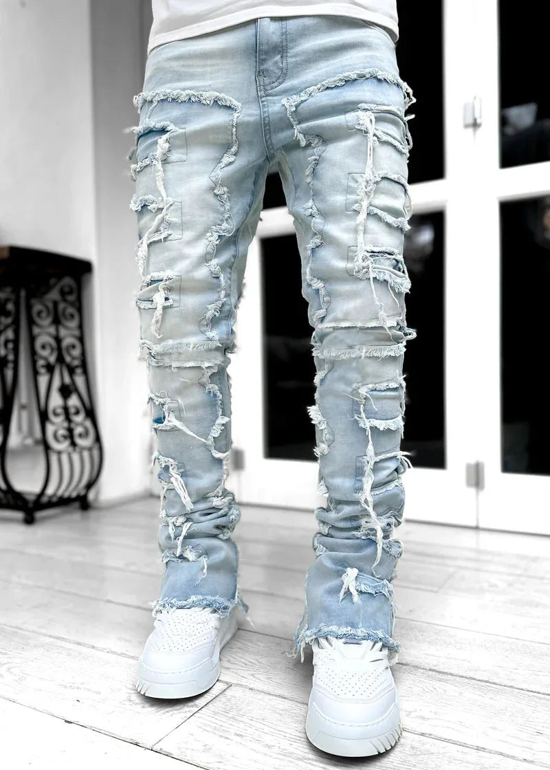 Men's Regular Fit Ripped Stacked Jeans | Slim Fit Patch Distressed Denim Pants | Hip Hop Streetwear Trousers