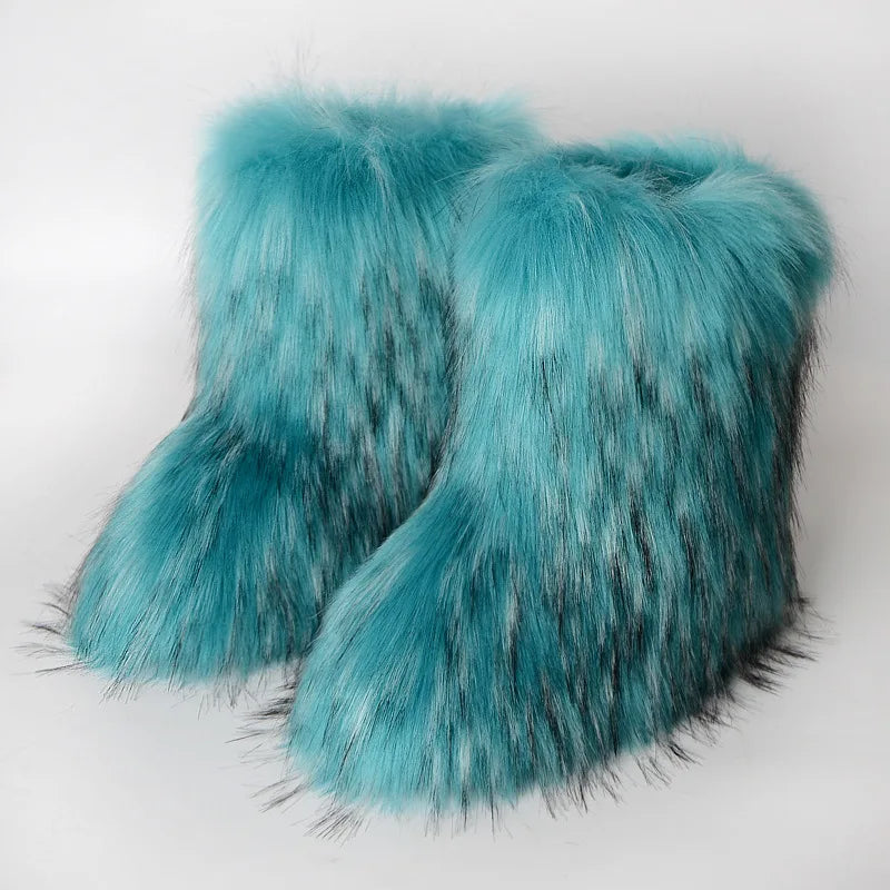 Winter Fur Imitation Raccoon Snow Boots for Women - Bright Colors – Mid-Calf Fluffy Boots with Plush Lining, Flat Heel