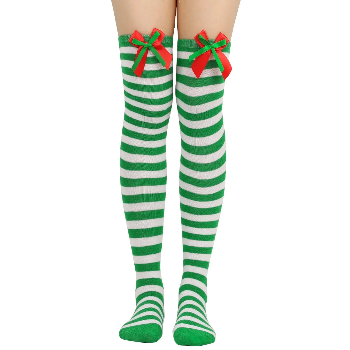 Women Over Knee Socks Christmas Striped Thigh High Stockings | Knee High Socks Cotton Polyester