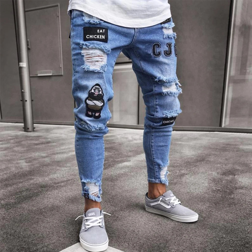 White Embroidery Skinny Ripped Jeans