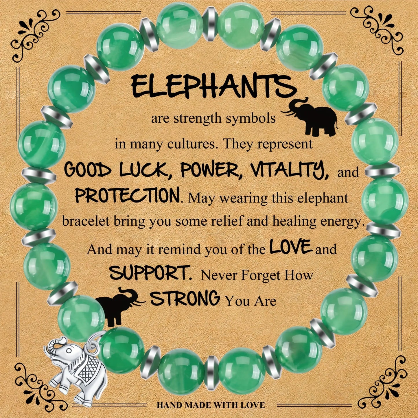 Cache Bracelet - Natural Stone Emperor Bead Bracelet – Pink Zebra Elephant Design with Blessing Card, Women’s Gift