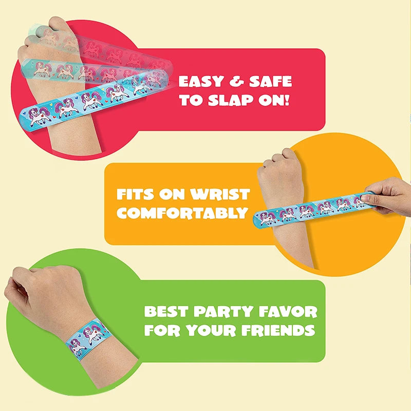 12PCS Cartoon Slap Bracelets | Unicorn Dinosaur Slap Bands for Kids | Party Favors & Prizes | Birthday Goodie Filler