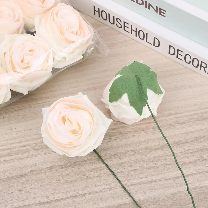 50/5PCS Artificial Foam Roses 🌹 | DIY Wedding Bouquets, Party & Home Décor | Fake Rose Heads with Stems