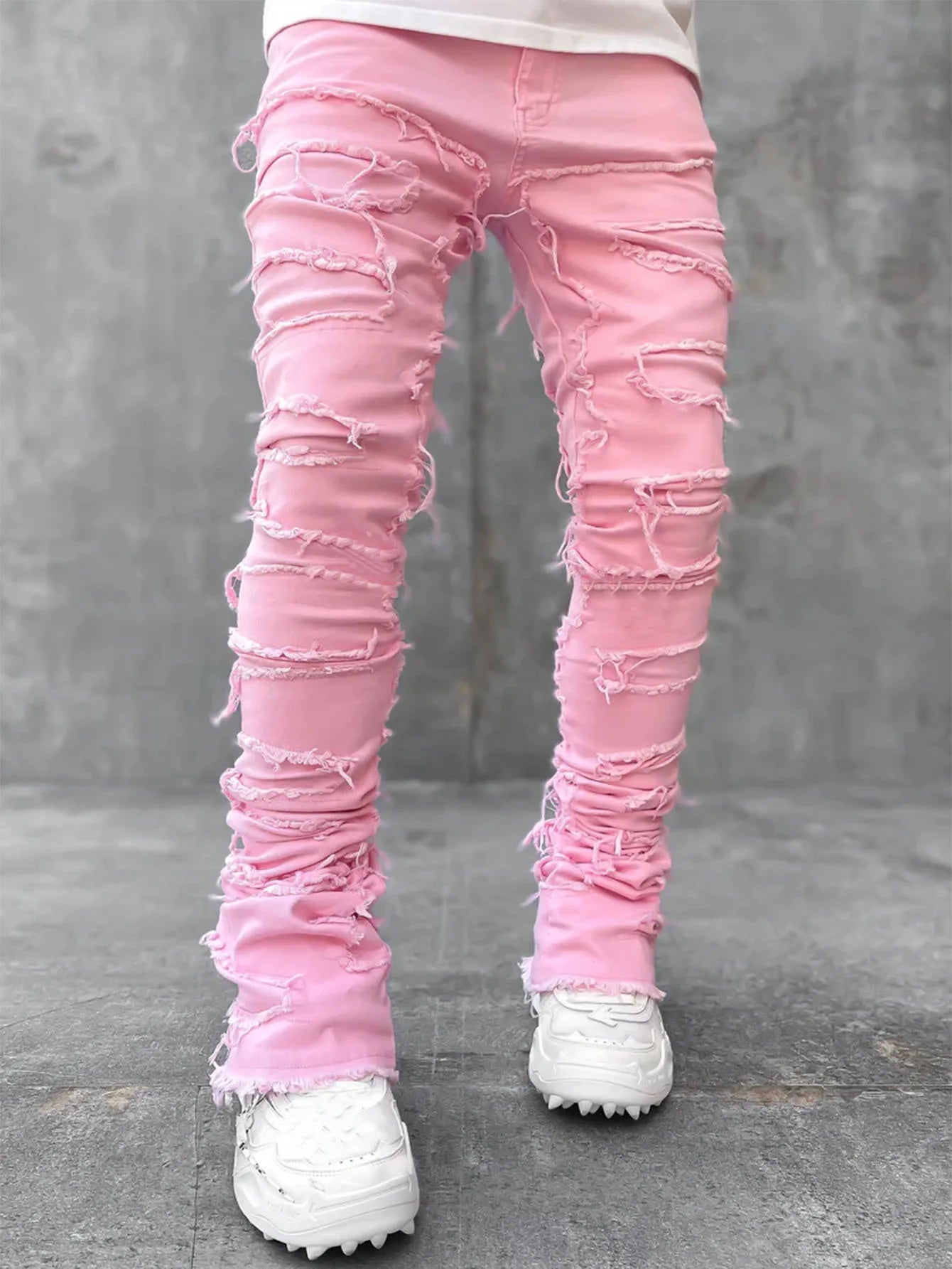 High Street White Men's Stacked Jeans | Hip-Hop Style Denim Pants Upgrade Your Wardrobe with Edgy Streetwear! Jeans for men