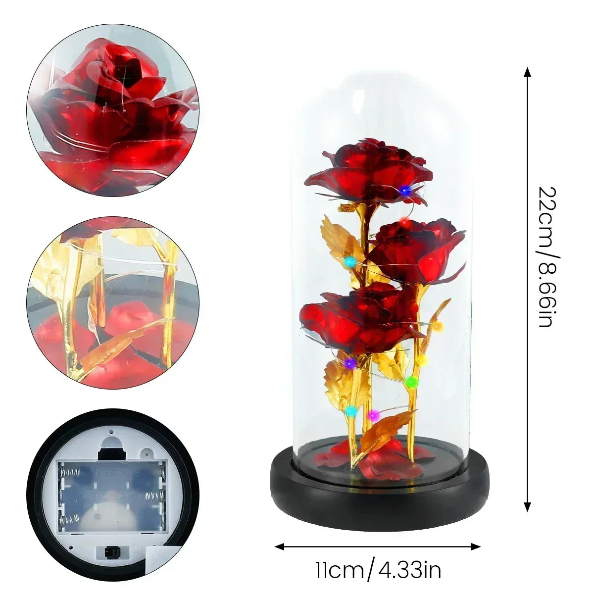 Enchanted Rose in Glass Dome with LED Lights – Artificial Flower Gift for Christmas, Beauty and the Beast, Valentine's Day