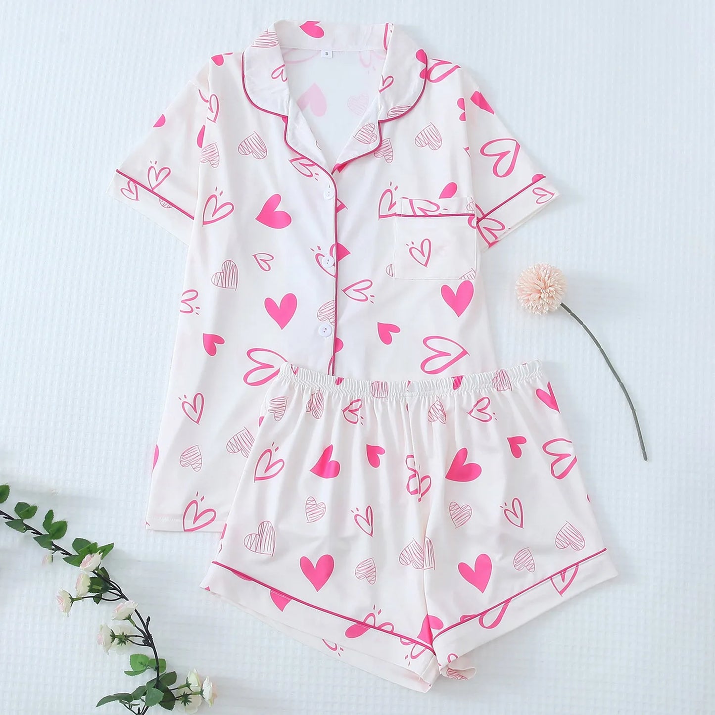 Valentine’s Day Silk Pajama Set ❤️ Cute Bow Print Short Sleeve Shirt & Shorts Sleepwear