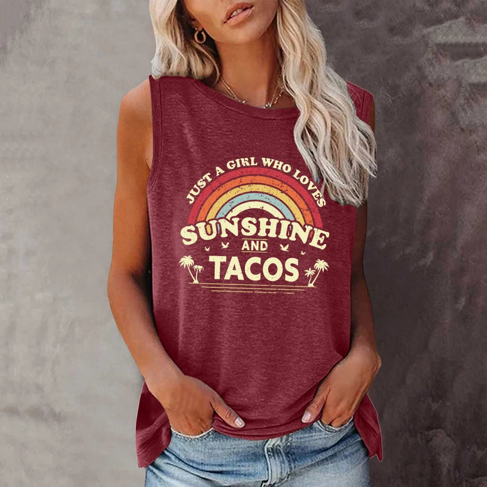 Summer Tee for Women - Sunshine & Tacos Tank Top – Y2K Aesthetic Sleeveless Graphic Tee