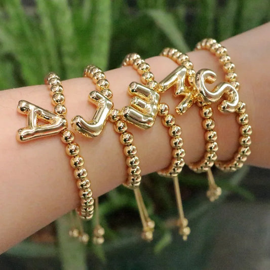 Vintage 26 Letters Initial Bracelet for Women Gold Plated Beads Pendant Adjustable Chain Bracelet Accessories Jewelry Gift