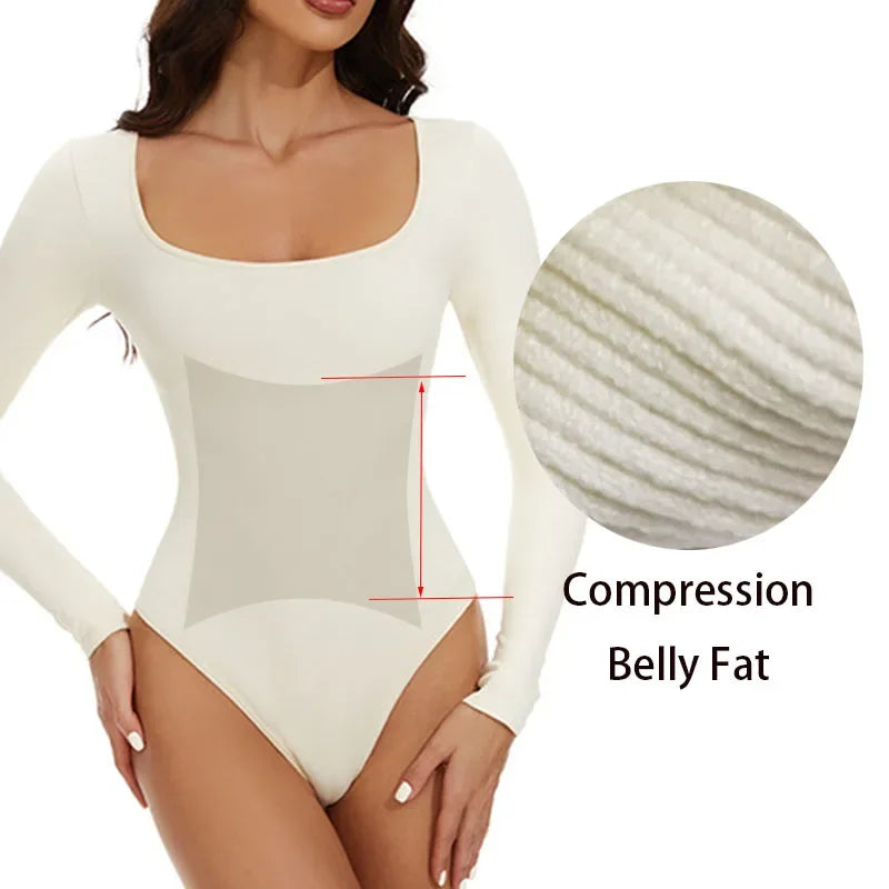 Spandex Elastic Bodysuit Shapewear for Women – Tummy Control, Long Sleeve, Open Crotch, Big U Neck Seamless Shapers, Waist Trainer