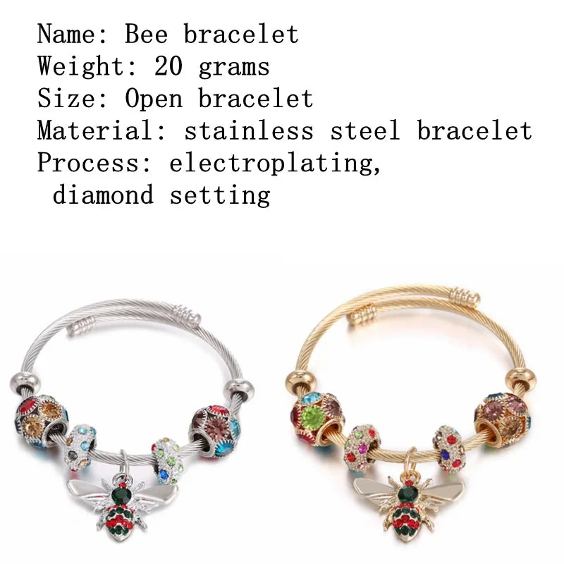 Elegant Bee Charm Bracelet – Titanium Steel Bangle, Crystal Rhinestone, Adjustable Women’s Jewelry Gift