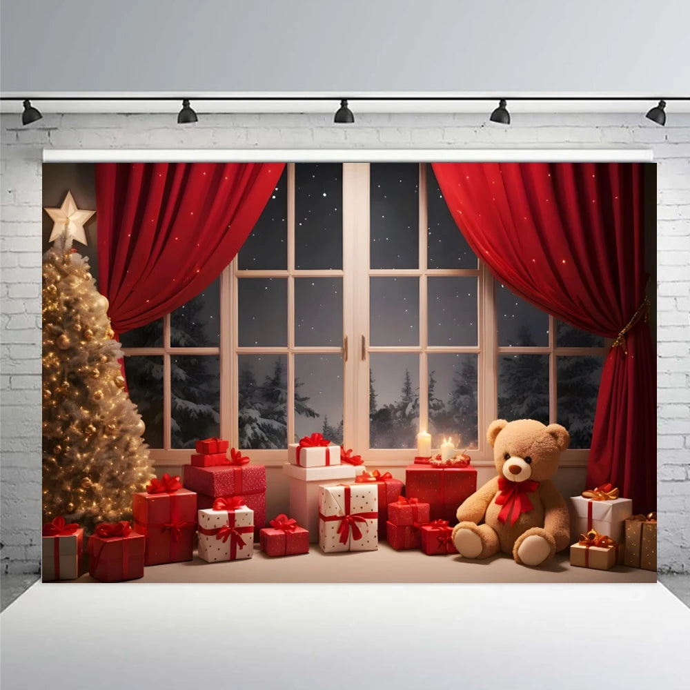 Christmas Tree Party Backdrop Winter Xmas Tree Window Red Curtains Candle Bear Gifts decor Baby Family Portrait Photo Background