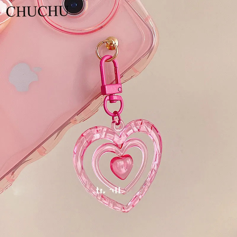 Korean 3D Love Heart wave transparent Silicone Case For iPhone 15 14 12 13 Pro Max 11 X XR 7 8 Plus Cute Keychain Soft Cover