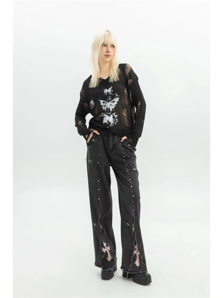 Women’s Black Gothic Oversized Jeans - Y2K Vintage Aesthetic Wide Leg Trousers