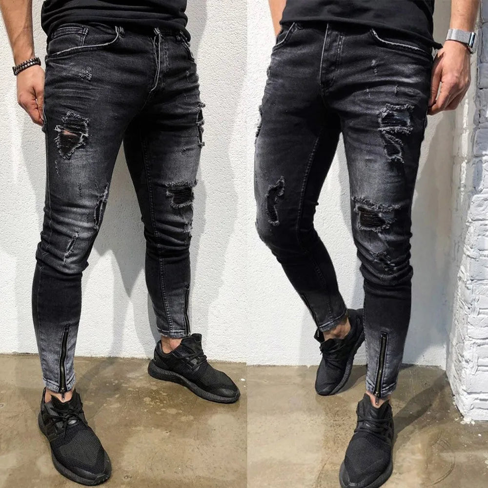 🔥 Trendy Men's Skinny Stretch Jeans | Slim Fit Denim Pants | Distressed Ripped Selvedge Style | Streetwear Stacked Trousers