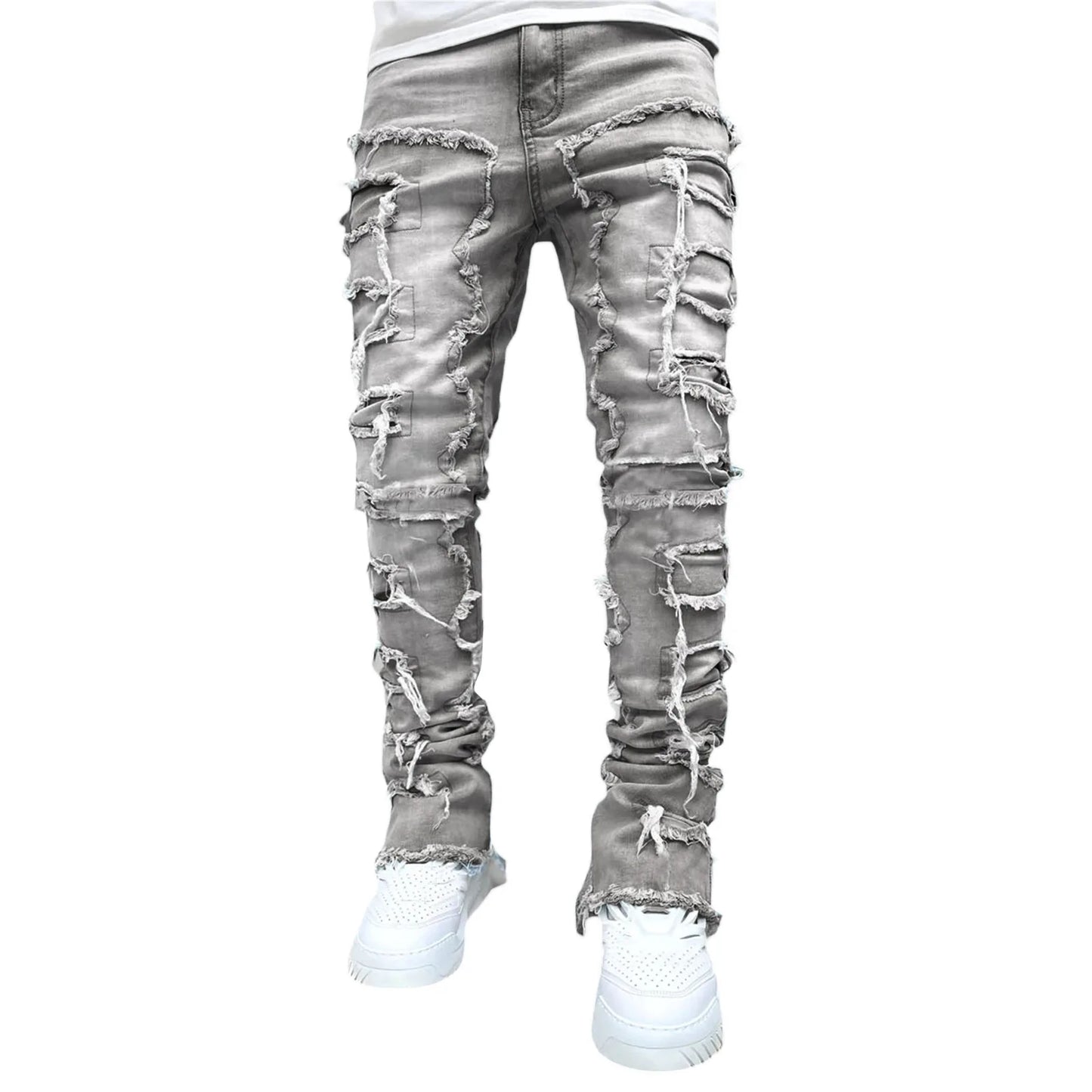 Men's Regular Fit Ripped Stacked Jeans | Slim Fit Patch Distressed Denim Pants | Hip Hop Streetwear Trousers