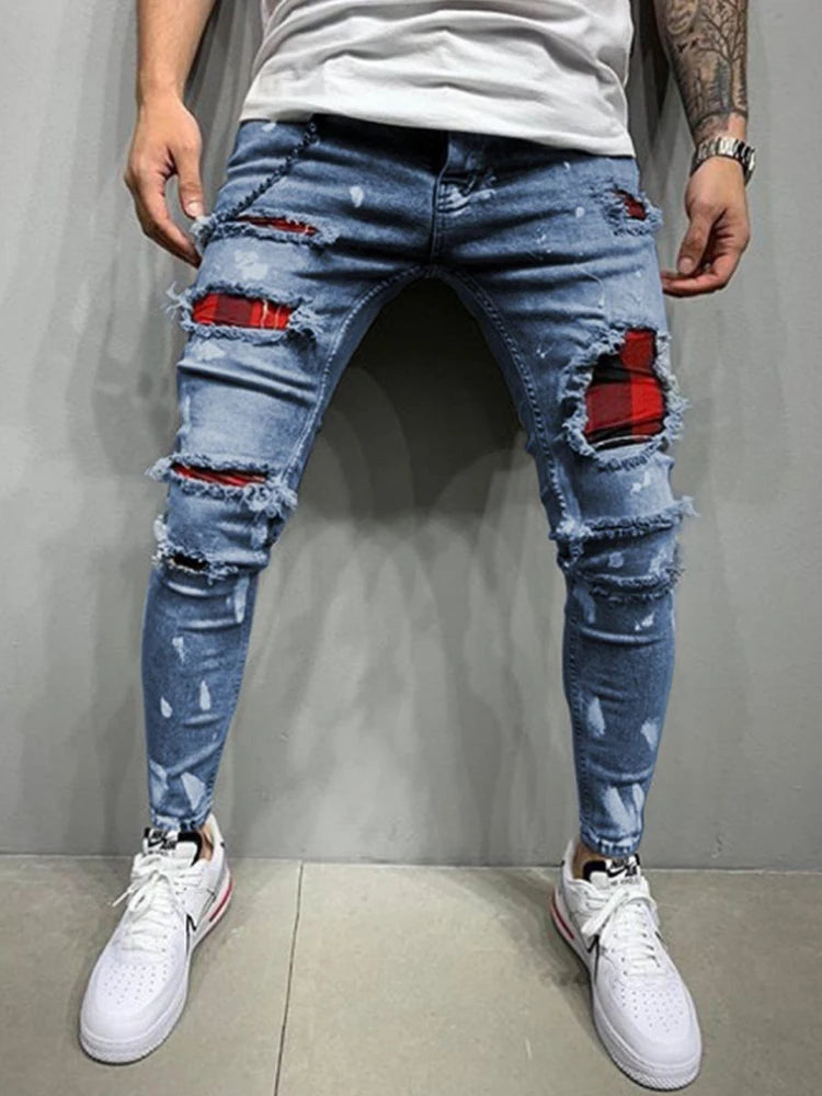 Men's Distressed Ripped Skinny Jeans 👖 | Plaid Patch Streetwear Biker Denim Pants | Y2K Style Joggers