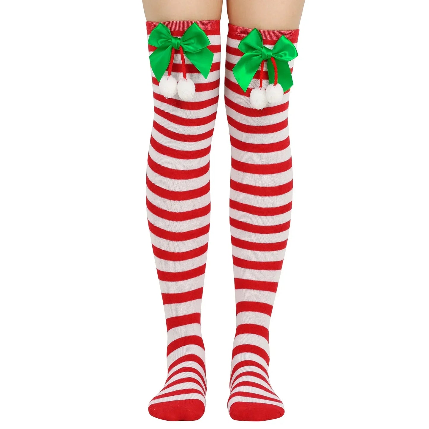 Women Over Knee Socks Christmas Striped Thigh High Stockings | Knee High Socks Cotton Polyester