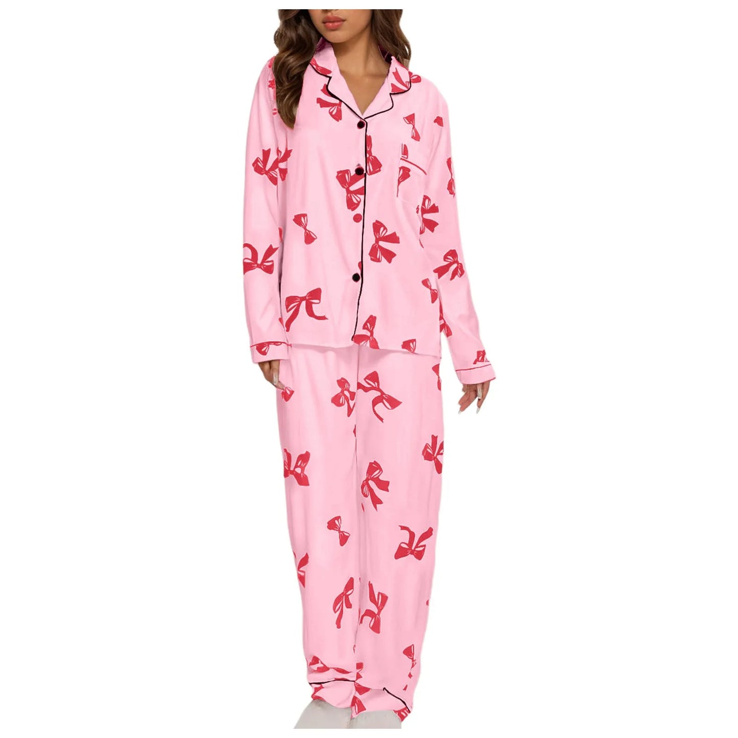 Cute Tie Bow Print Pajama Set for Women - Soft Long Sleeve Loungewear, Spring Sleepwear, Home Clothes