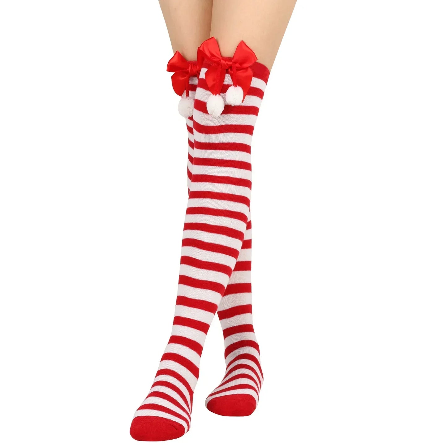 Women Over Knee Socks Christmas Striped Thigh High Stockings | Knee High Socks Cotton Polyester