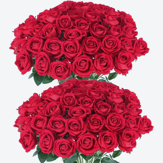 50PCS Artificial Velvet Roses 🌹 | Long Stem Fake Flowers for DIY Wedding & Home Décor