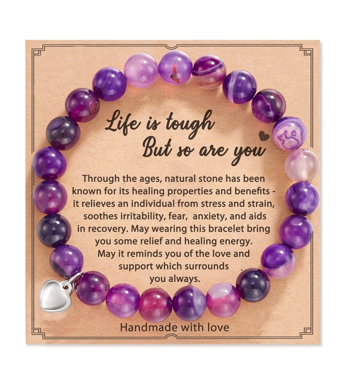 Pink Zebra Bead Bracelet – Natural Crystal Healing Stone, Heart Charm Gift for Mom, Daughter & Nana