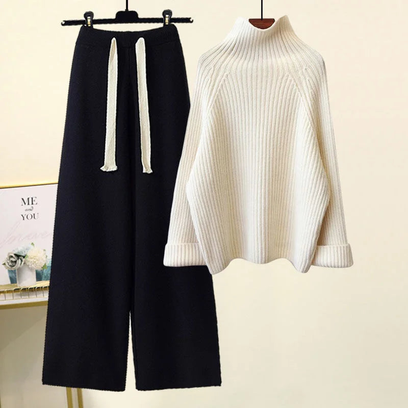 💎 Cozy Winter Knitwear Set for Women | Turtleneck Sweater + High-Waist Wide-Leg Pants 💎