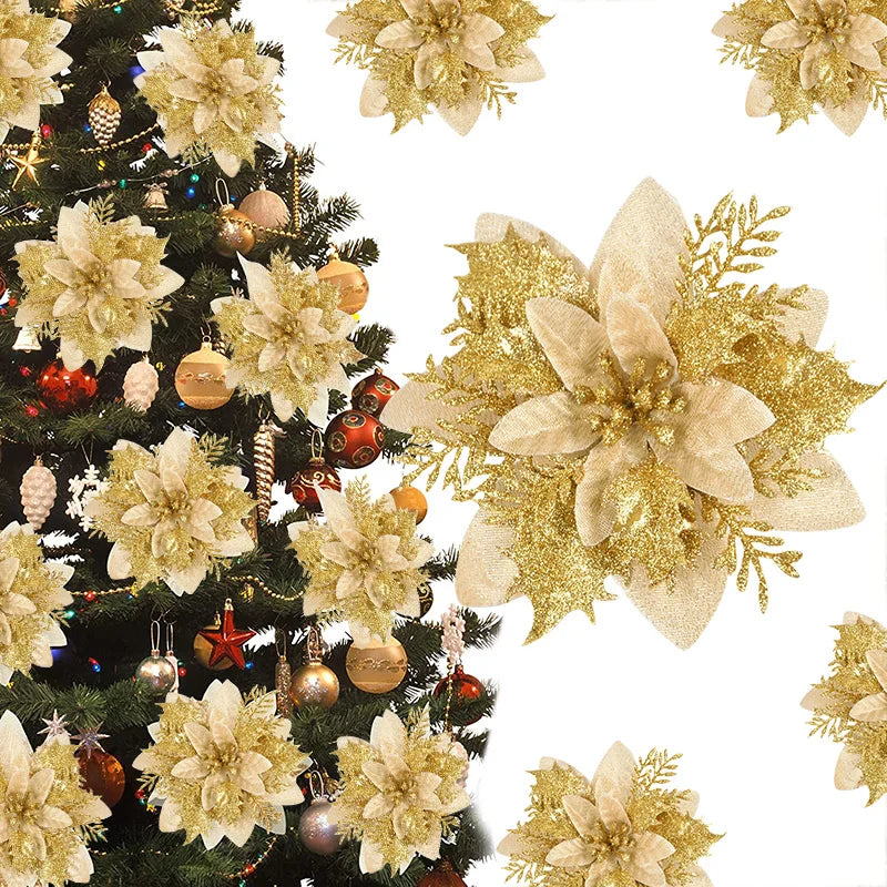 3Pcs 14cm Glitter Red & Gold Christmas Flowers | Artificial Berry Flower Heads for DIY Xmas Tree Decor & Home New Year