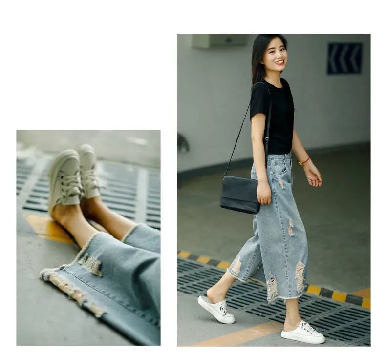 Women's Ripped Capri Jeans - High Waist Baggy Wide Leg Denim Pants - Casual Summer Loose Fit Korean Style