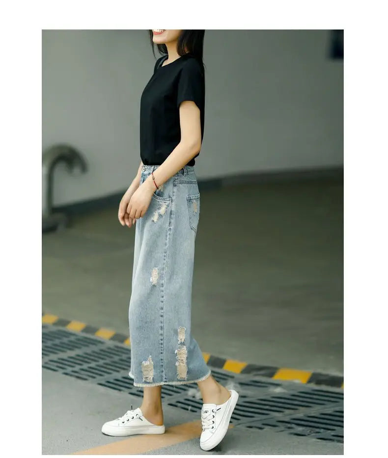 Women's Ripped Capri Jeans - High Waist Baggy Wide Leg Denim Pants - Casual Summer Loose Fit Korean Style