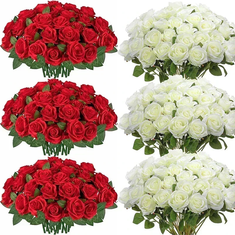 100PCS Artificial Silk Roses 🌹 | Realistic Fake Flower Bouquet for Wedding, Party & Home Décor