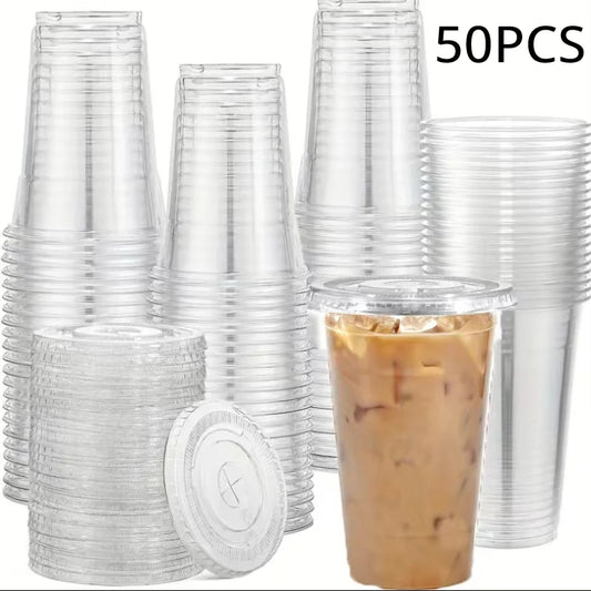 50PCS 16oz Clear Plastic Cups with Flat Lids | Disposable Drinking Cups for Parties, Weddings & Events | Bulk Ice Coffee Milkshake Cups