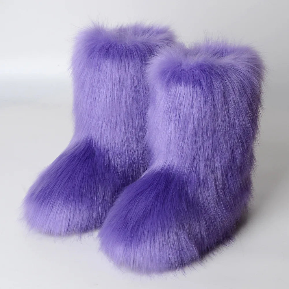 Winter Fur Imitation Raccoon Snow Boots for Women - Bright Colors – Mid-Calf Fluffy Boots with Plush Lining, Flat Heel