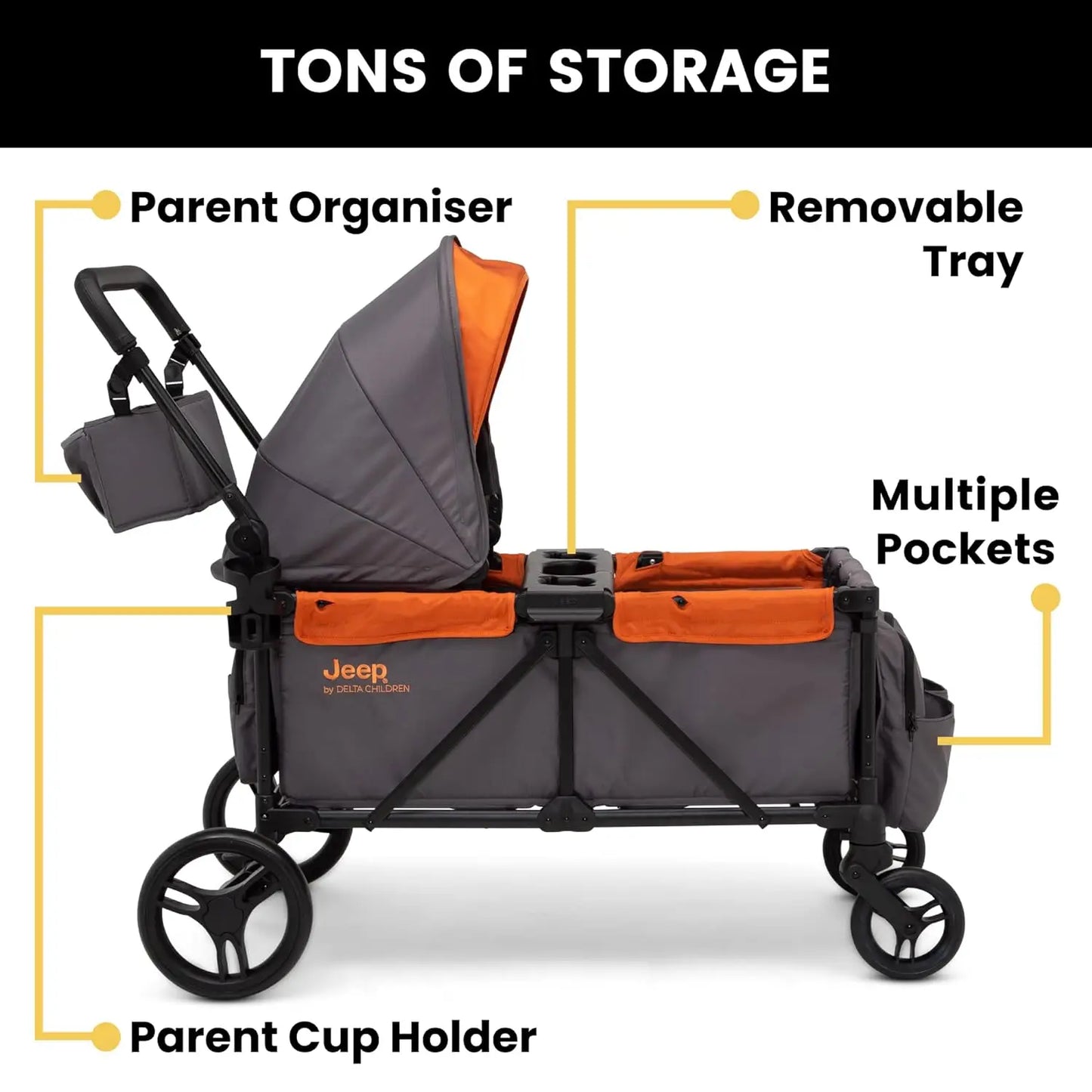 Sport All-Terrain Stroller Wagon by Delta Children - Includes Canopy, Parent Organizer, Adjustable Handlebar, and Snack Tray, Grey