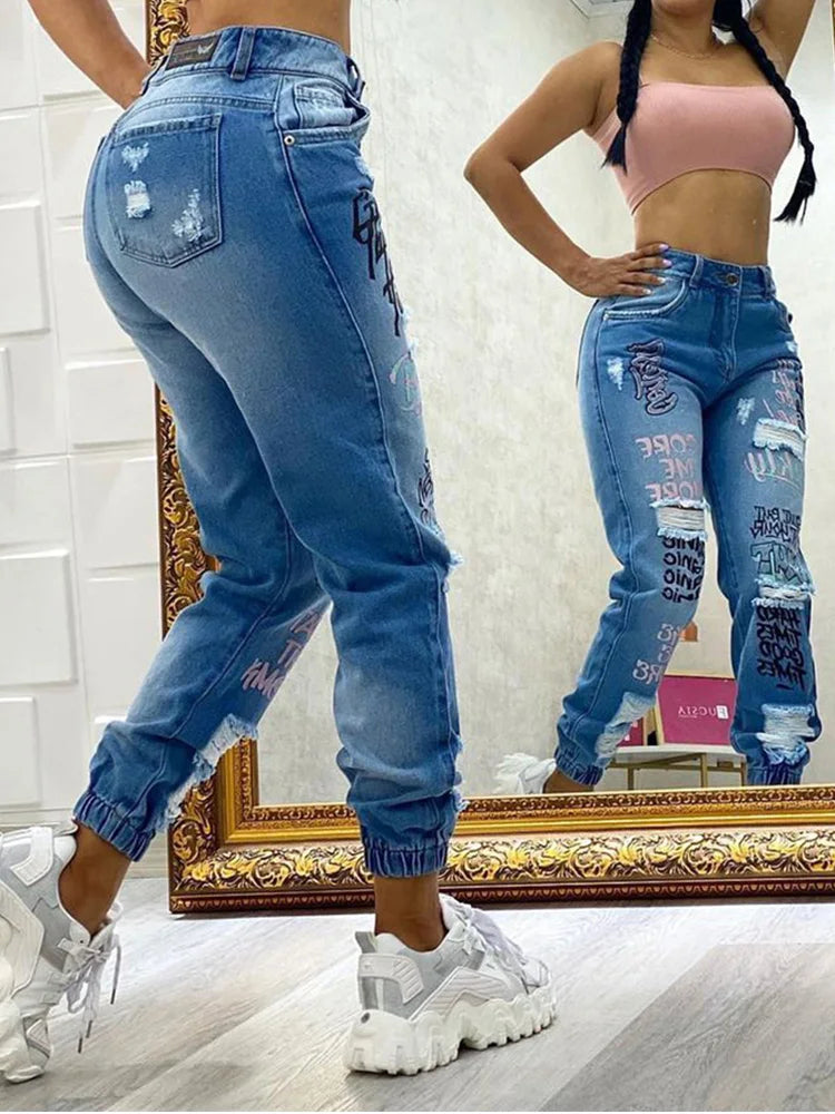 2024 New Women's Letter Print Ripped Jeans - Casual High Waist Straight Leg Slant Pocket Denim