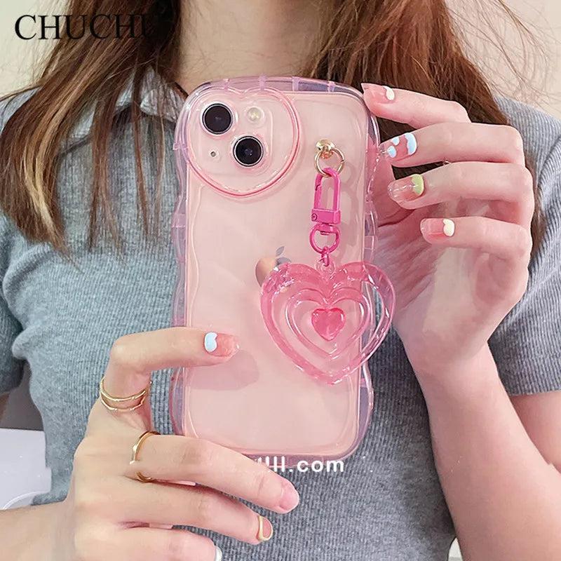 Korean 3D Love Heart wave transparent Silicone Case For iPhone 15 14 12 13 Pro Max 11 X XR 7 8 Plus Cute Keychain Soft Cover