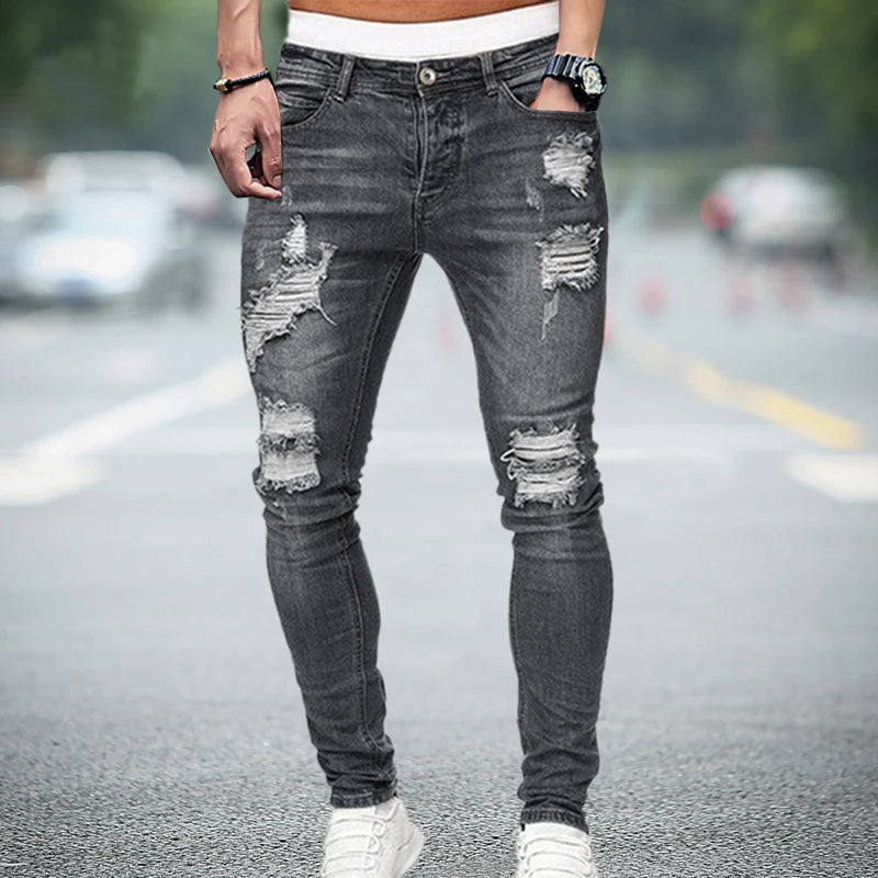 Men's Ripped Skinny Jeans 👖 | Knee Hole Stretch Denim Pants | Hip-Hop Style Slim Fit S-4XL