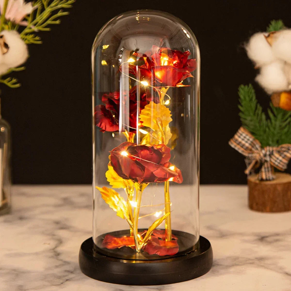 Enchanted Rose in Glass Dome with LED Lights – Artificial Flower Gift for Christmas, Beauty and the Beast, Valentine's Day