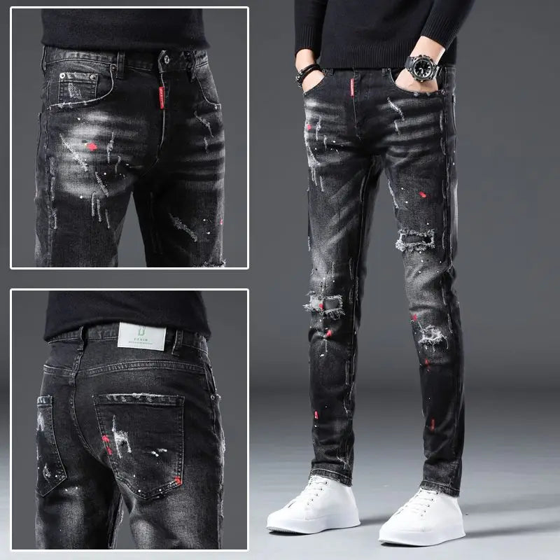 New Arrival Men's Slim Distressed Denim Jeans | Paint Splatter Ripped Streetwear | Spring & Autumn Luxury Jeans