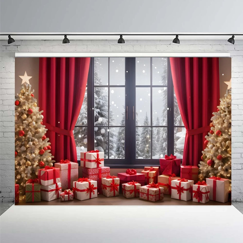 Christmas Tree Party Backdrop Winter Xmas Tree Window Red Curtains Candle Bear Gifts decor Baby Family Portrait Photo Background