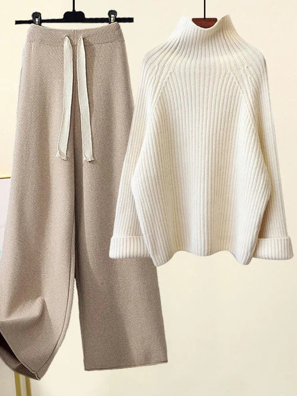 💎 Cozy Winter Knitwear Set for Women | Turtleneck Sweater + High-Waist Wide-Leg Pants 💎