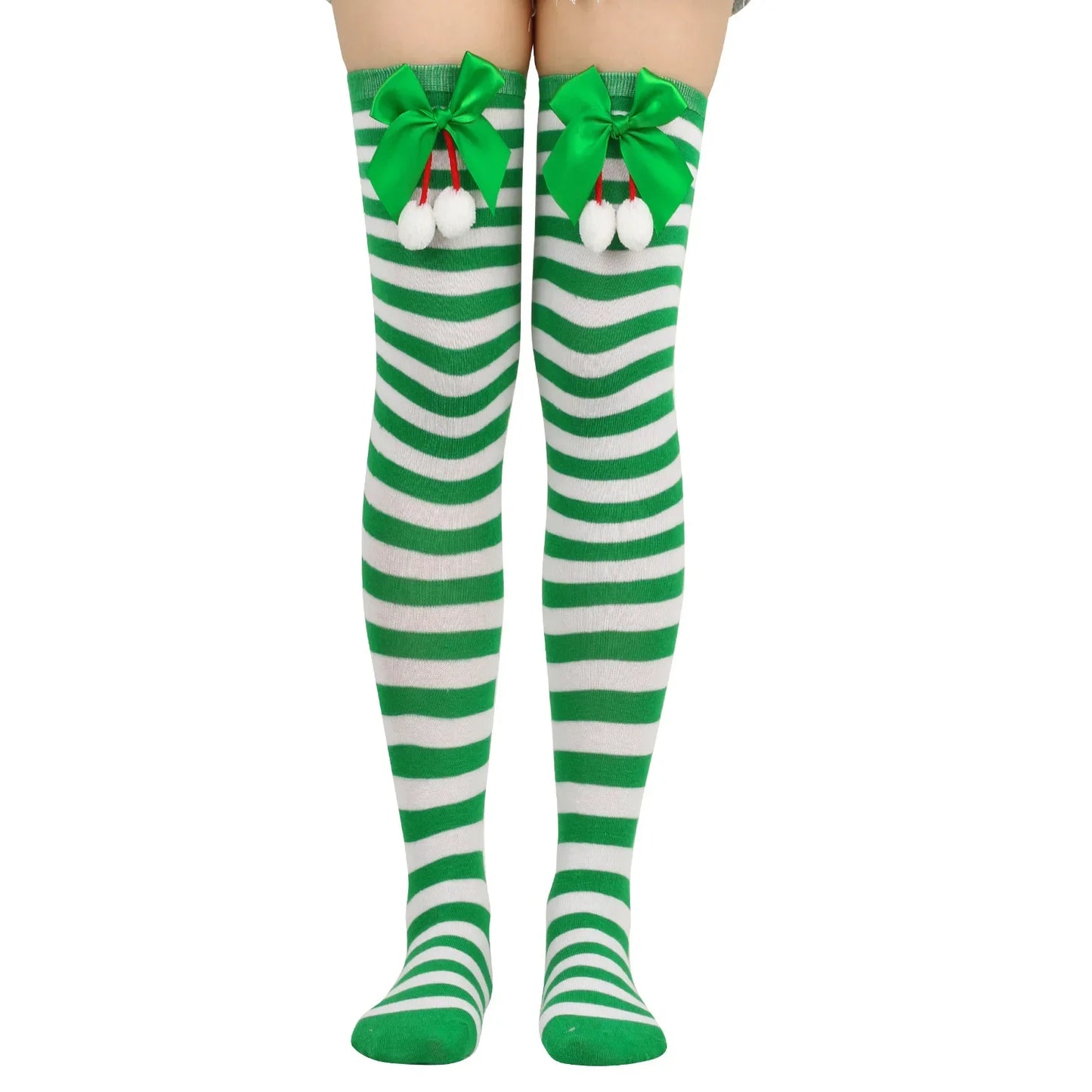 Women Over Knee Socks Christmas Striped Thigh High Stockings | Knee High Socks Cotton Polyester