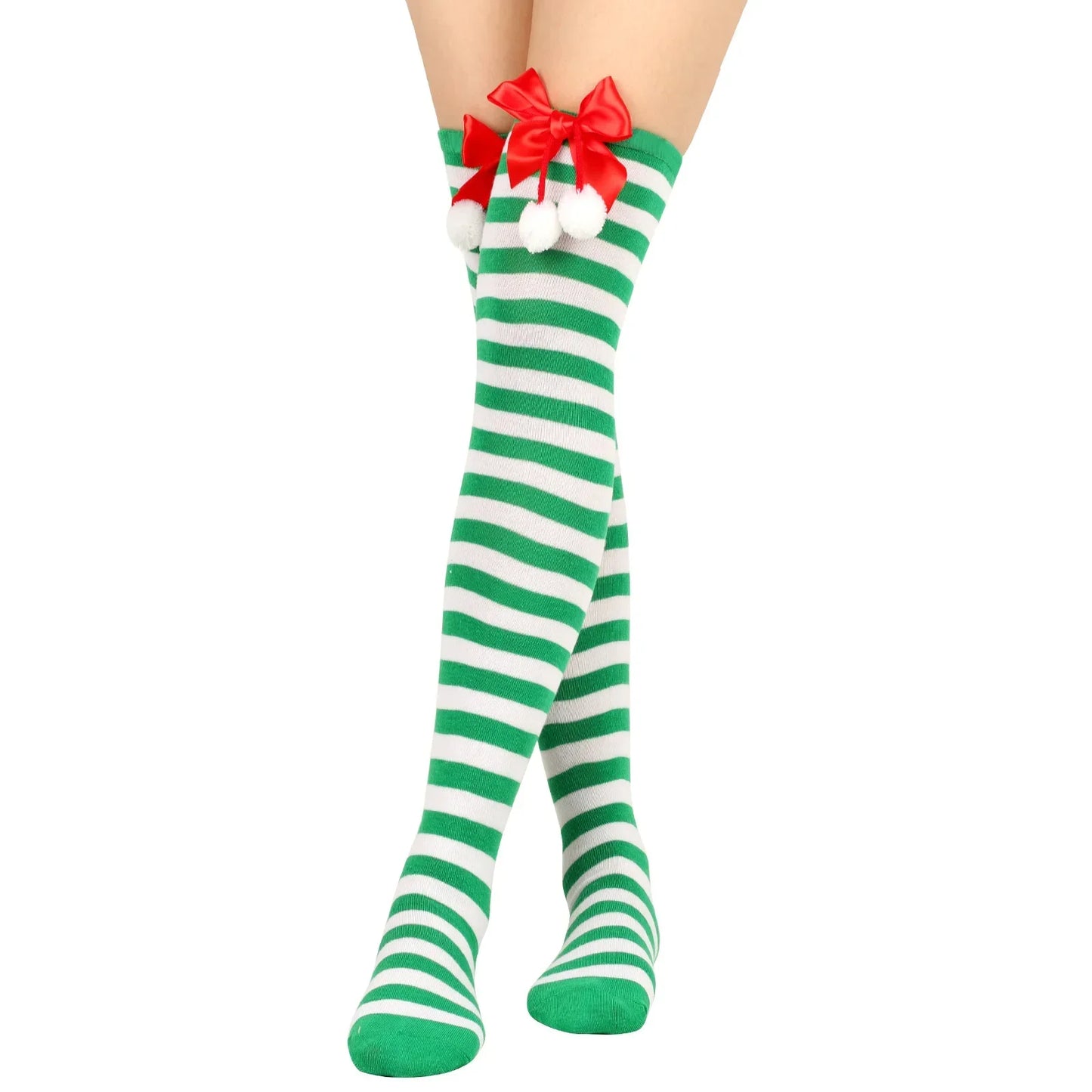 Women Over Knee Socks Christmas Striped Thigh High Stockings | Knee High Socks Cotton Polyester