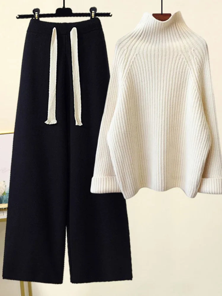 💎 Cozy Winter Knitwear Set for Women | Turtleneck Sweater + High-Waist Wide-Leg Pants 💎