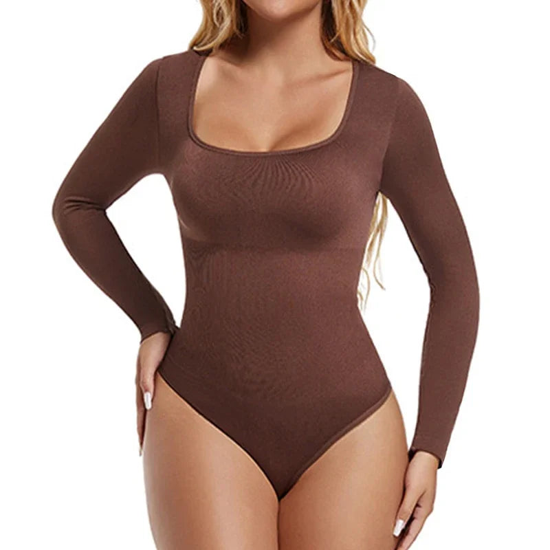 Spandex Elastic Bodysuit Shapewear for Women – Tummy Control, Long Sleeve, Open Crotch, Big U Neck Seamless Shapers, Waist Trainer