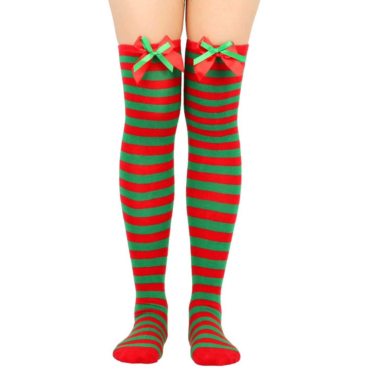 Women Over Knee Socks Christmas Striped Thigh High Stockings | Knee High Socks Cotton Polyester