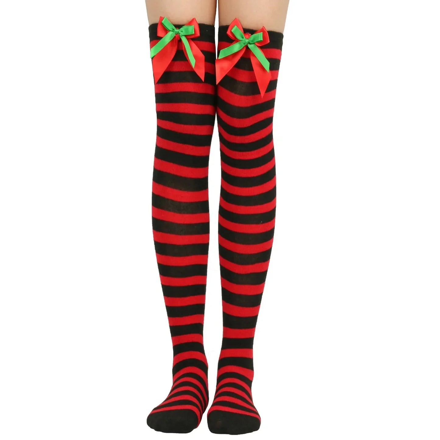 Women Over Knee Socks Christmas Striped Thigh High Stockings | Knee High Socks Cotton Polyester