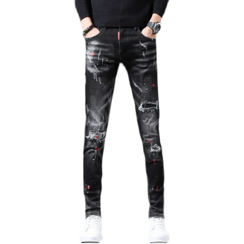 New Arrival Men's Slim Distressed Denim Jeans | Paint Splatter Ripped Streetwear | Spring & Autumn Luxury Jeans