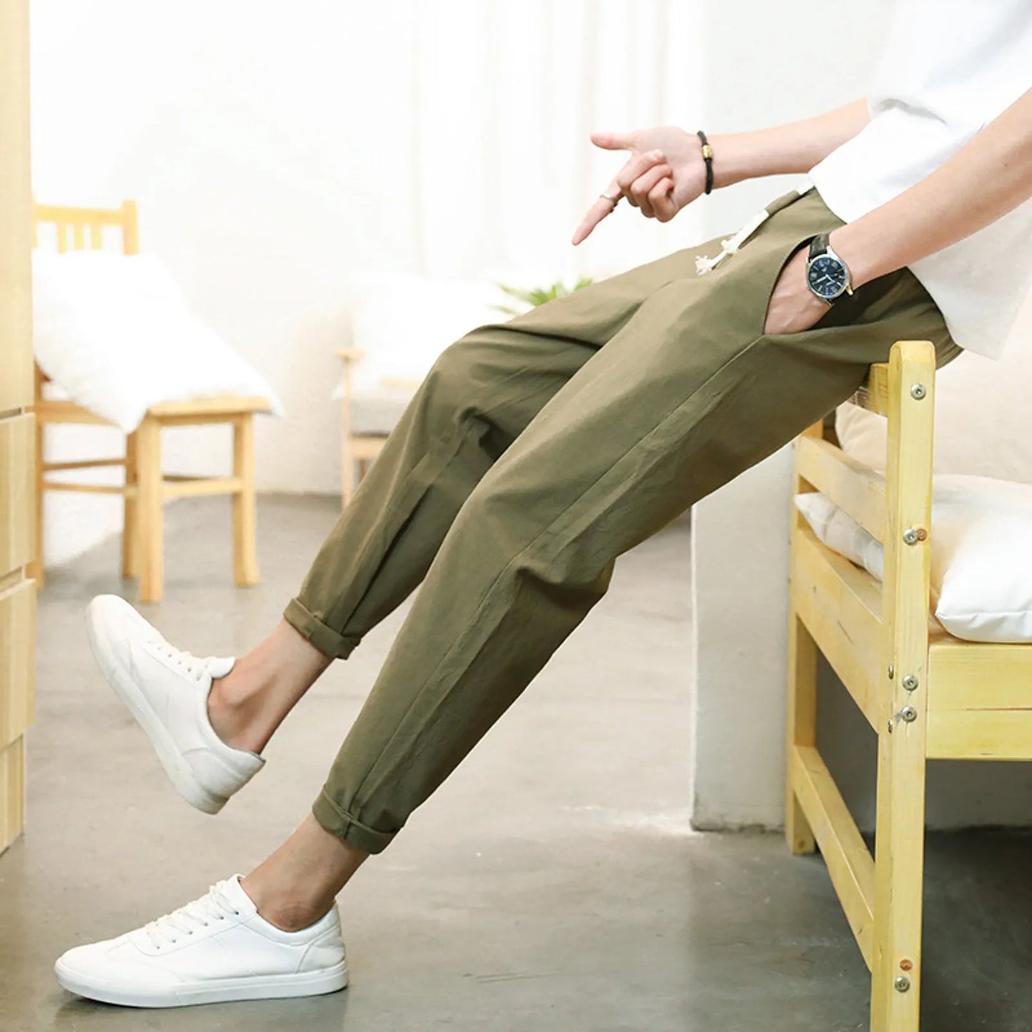 🌿 Men's Solid Color Casual Trousers - Japanese Linen Slim Ankle-Length Pants for Daily Outwear